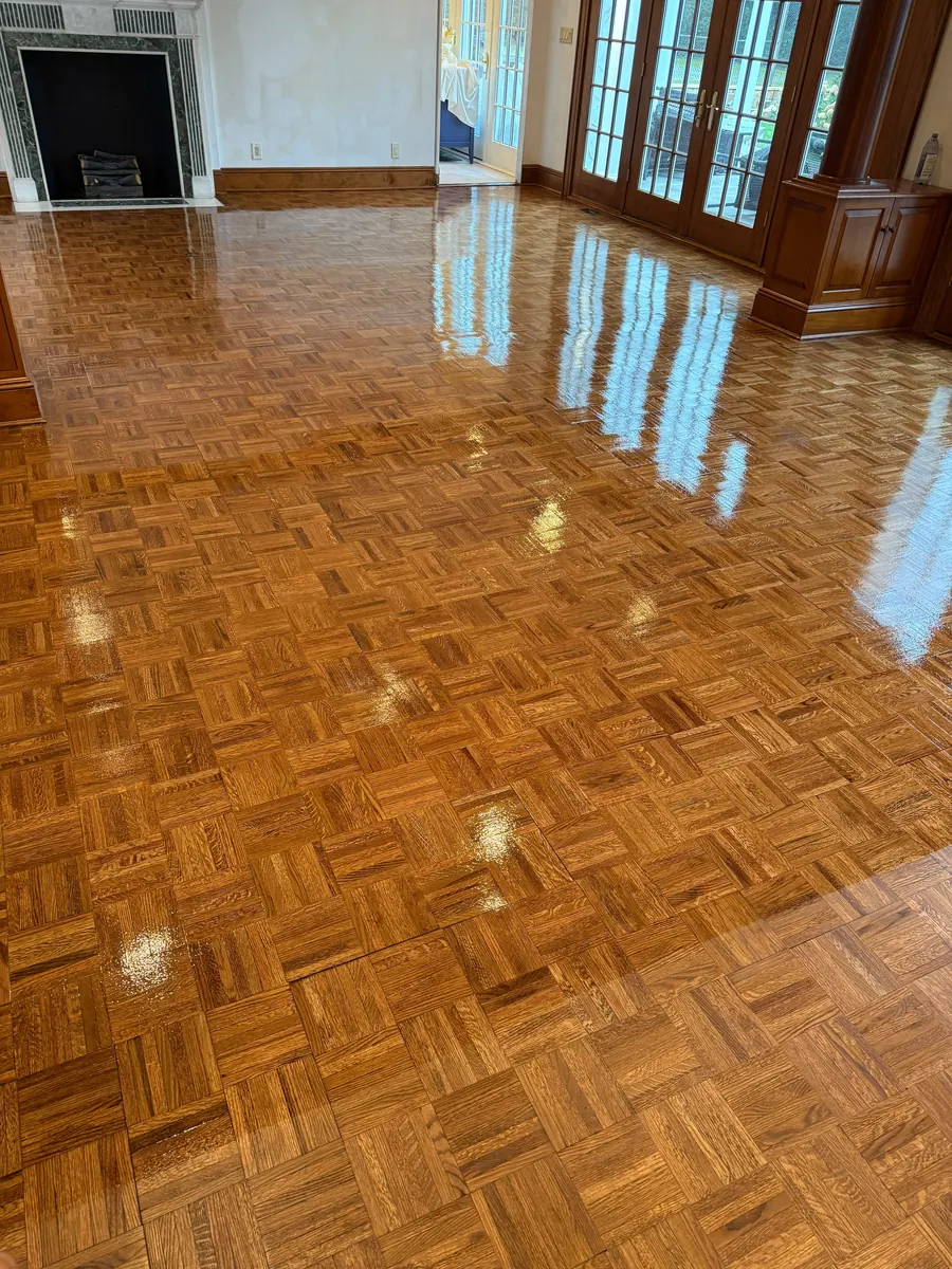 Fresh coat of finish on a parquet floor