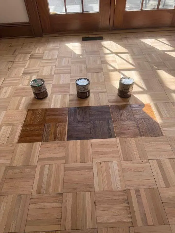 Stain color samples tested directly on a parquet floor