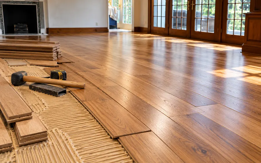 New hardwood floor installation in a living room