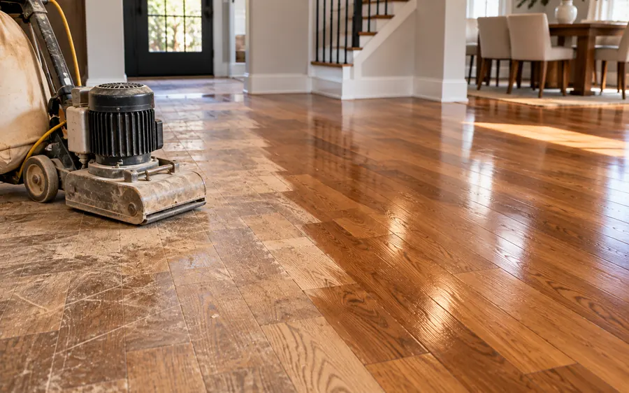 Hardwood floor being sanded and refinished