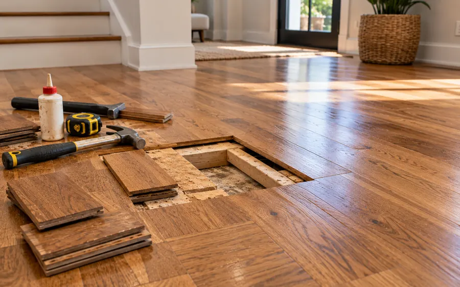 Hardwood floor board repair in a sunlit room